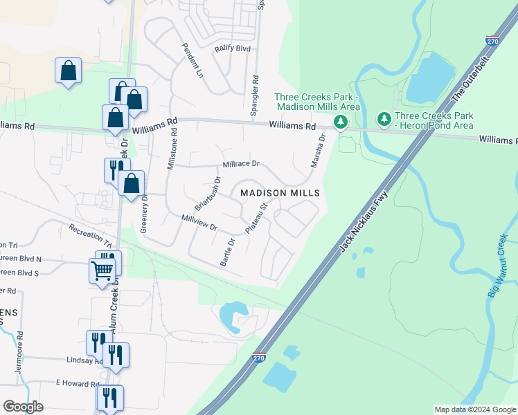 map of restaurants, bars, coffee shops, grocery stores, and more near 4057 Plateau Street in Columbus