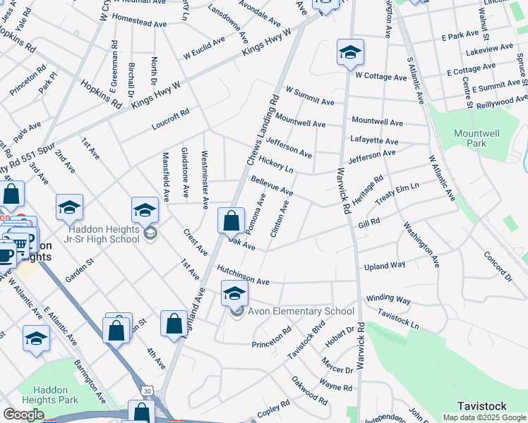 map of restaurants, bars, coffee shops, grocery stores, and more near 641 Pomona Avenue in Haddonfield