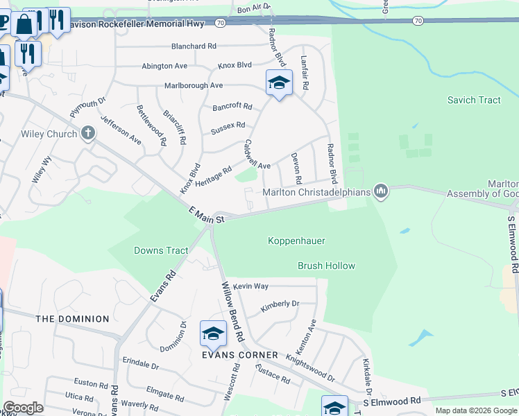 map of restaurants, bars, coffee shops, grocery stores, and more near 398 East Main Street in Evesham