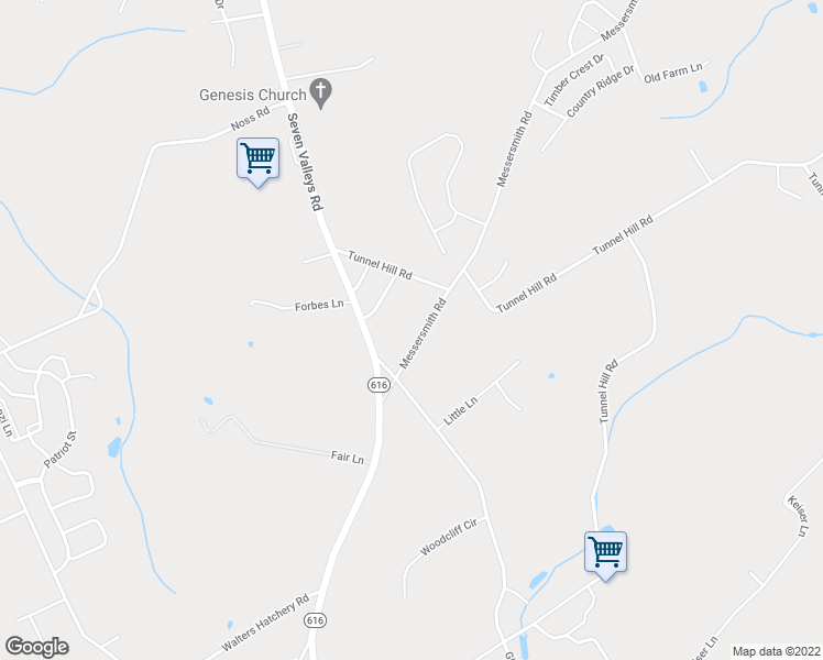 map of restaurants, bars, coffee shops, grocery stores, and more near 3555 Messersmith Road in Seven Valleys