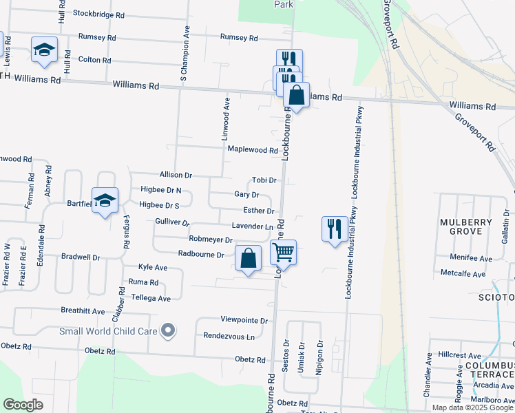 map of restaurants, bars, coffee shops, grocery stores, and more near 1066 Esther Drive in Columbus