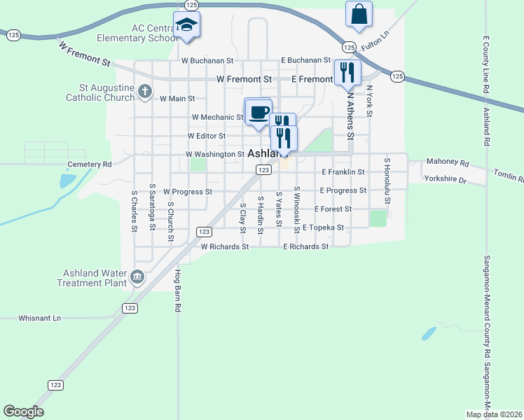 map of restaurants, bars, coffee shops, grocery stores, and more near 105 West Forrest Street in Ashland