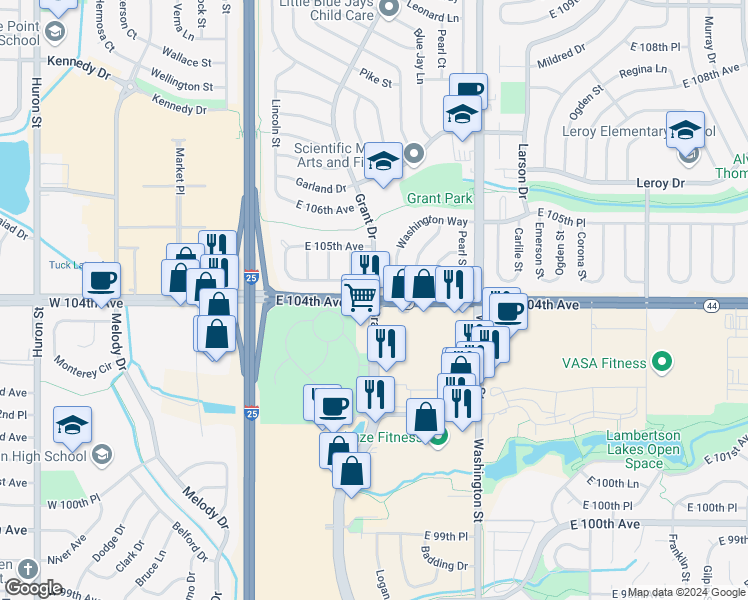 map of restaurants, bars, coffee shops, grocery stores, and more near 14601 Grant Street in Thornton