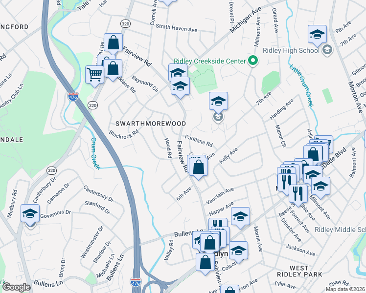 map of restaurants, bars, coffee shops, grocery stores, and more near 731 Fairview Road in Swarthmore
