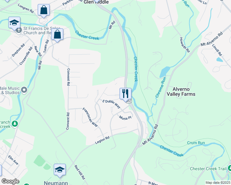 map of restaurants, bars, coffee shops, grocery stores, and more near 394 Derry Drive in Aston