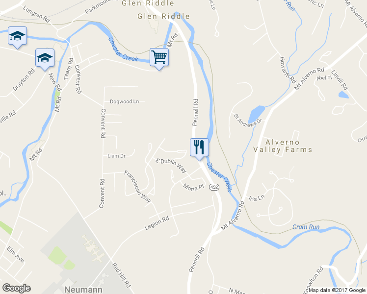 map of restaurants, bars, coffee shops, grocery stores, and more near 394 Derry Drive in Aston