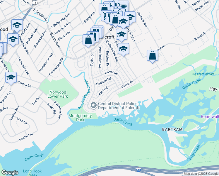 map of restaurants, bars, coffee shops, grocery stores, and more near 2083 Kent Road in Folcroft