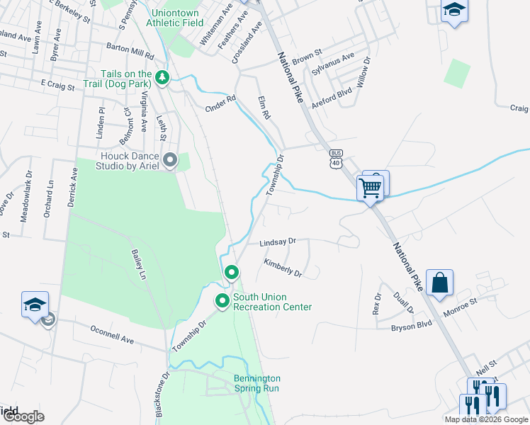 map of restaurants, bars, coffee shops, grocery stores, and more near 192 Township Dr in Uniontown