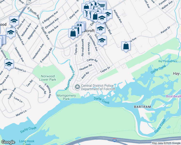 map of restaurants, bars, coffee shops, grocery stores, and more near 2083 Kent Road in Folcroft