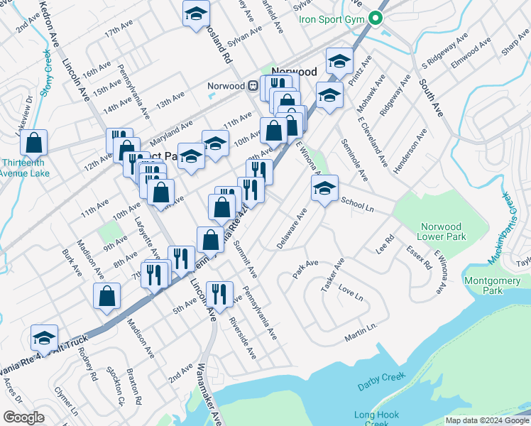 map of restaurants, bars, coffee shops, grocery stores, and more near 615 Mohawk Avenue in Norwood