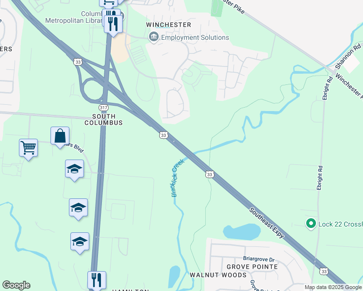 map of restaurants, bars, coffee shops, grocery stores, and more near Southeast Expressway in Franklin County