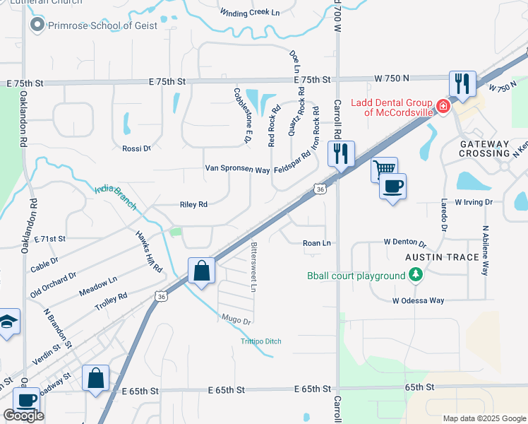 map of restaurants, bars, coffee shops, grocery stores, and more near 7209 Wet Rock Court in Indianapolis