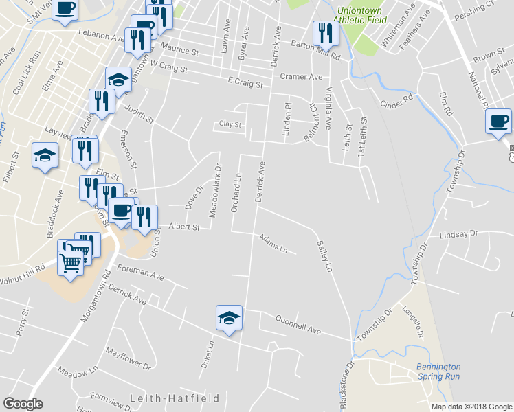 map of restaurants, bars, coffee shops, grocery stores, and more near 306 Derrick Avenue in Uniontown