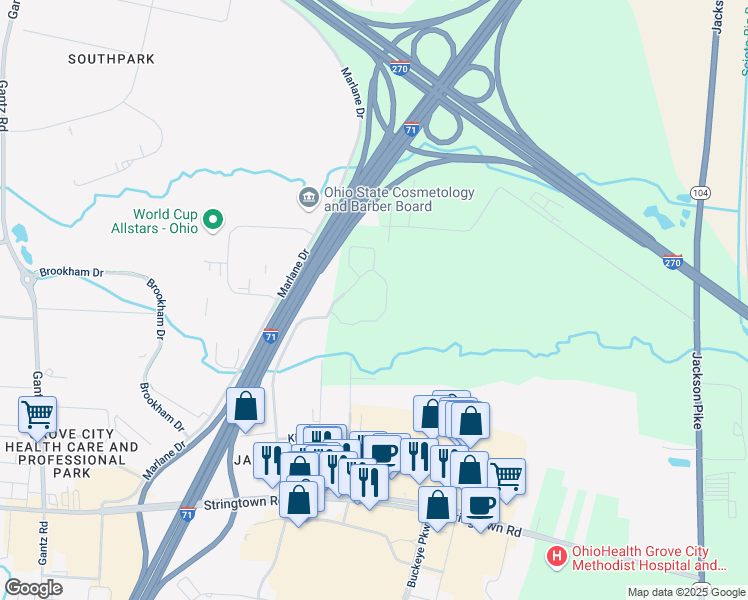 map of restaurants, bars, coffee shops, grocery stores, and more near 3434 Gateway Lakes Drive in Grove City