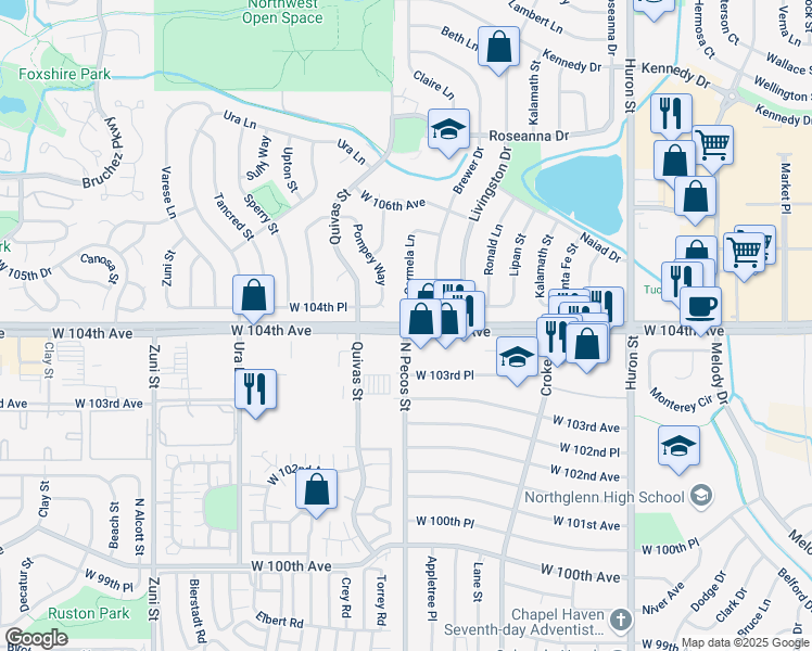 map of restaurants, bars, coffee shops, grocery stores, and more near Pecos St & W 104th Ave in Northglenn