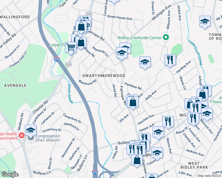map of restaurants, bars, coffee shops, grocery stores, and more near 1410 Greenway Road in Swarthmore