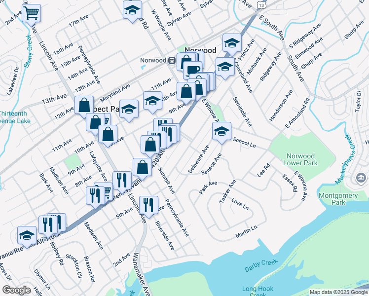 map of restaurants, bars, coffee shops, grocery stores, and more near 605 Mohawk Avenue in Norwood