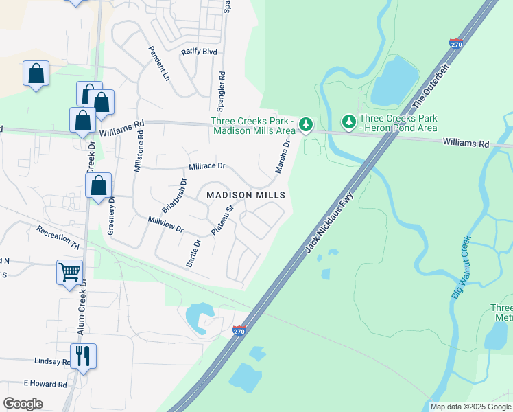 map of restaurants, bars, coffee shops, grocery stores, and more near 2836 Duvall Lane in Columbus