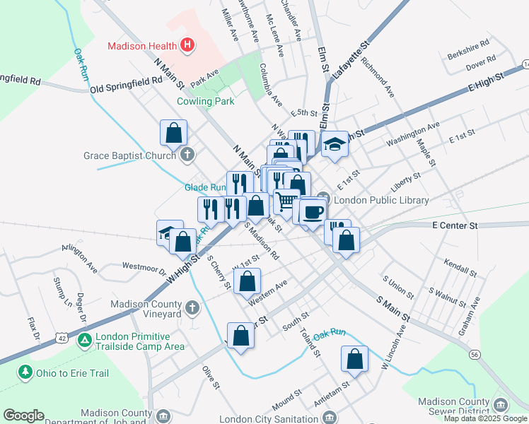 map of restaurants, bars, coffee shops, grocery stores, and more near 25 South Oak Street in London