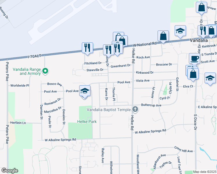map of restaurants, bars, coffee shops, grocery stores, and more near 525 Thoma Place in Vandalia