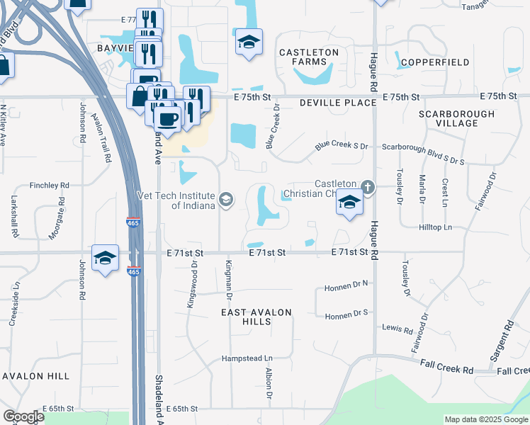 map of restaurants, bars, coffee shops, grocery stores, and more near 7175 Jessman Road West in Indianapolis