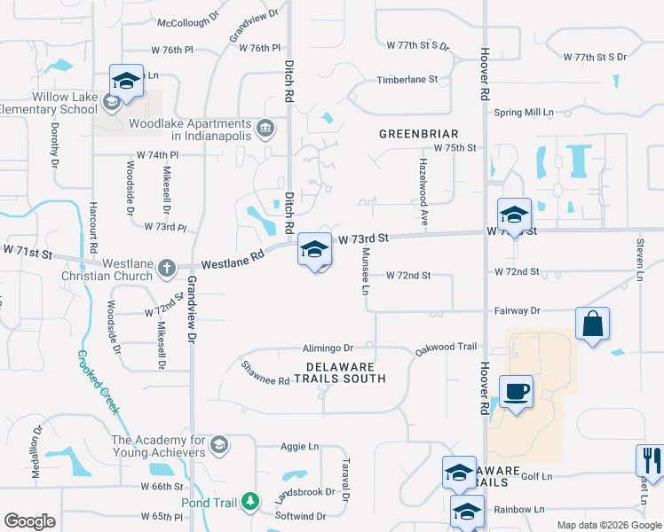 map of restaurants, bars, coffee shops, grocery stores, and more near 1301 W 73rd St in Indianapolis