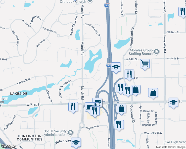 map of restaurants, bars, coffee shops, grocery stores, and more near 7320 Chestnut Hills Boulevard in Indianapolis