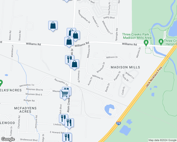 map of restaurants, bars, coffee shops, grocery stores, and more near 4014 Millstone Road in Columbus