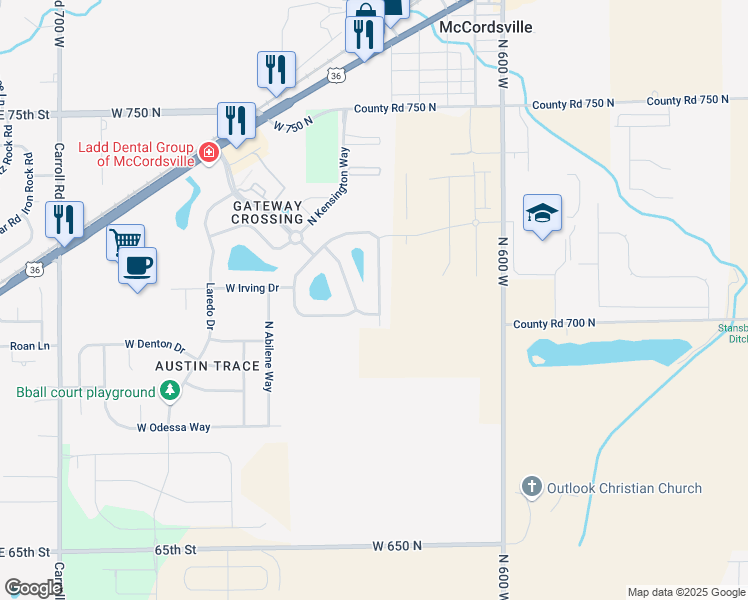 map of restaurants, bars, coffee shops, grocery stores, and more near 7068 North Stubbington Lane in McCordsville