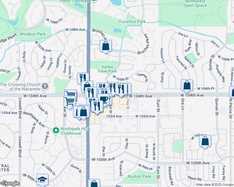 map of restaurants, bars, coffee shops, grocery stores, and more near 2811 West 104th Avenue in Northglenn