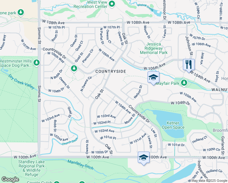 map of restaurants, bars, coffee shops, grocery stores, and more near 10721 Countryside Drive in Westminster