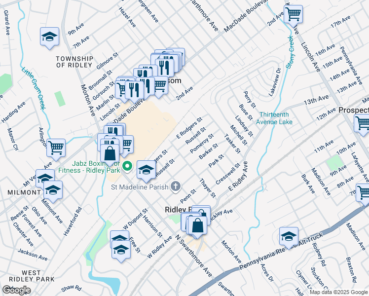 map of restaurants, bars, coffee shops, grocery stores, and more near 304 Russell Street in Ridley Park