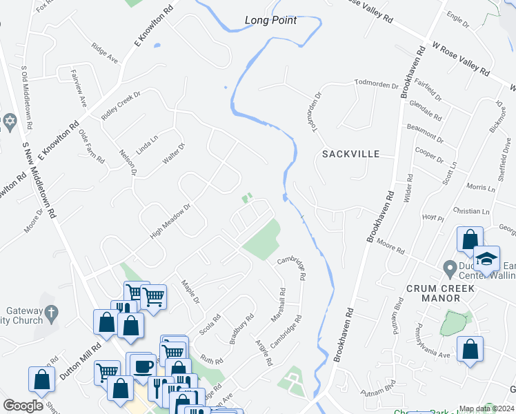 map of restaurants, bars, coffee shops, grocery stores, and more near 6617 Hilltop Drive in Brookhaven