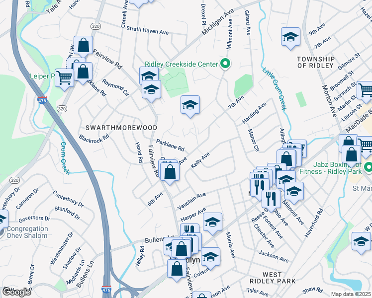map of restaurants, bars, coffee shops, grocery stores, and more near 708 Parklane Road in Swarthmore