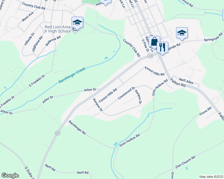 map of restaurants, bars, coffee shops, grocery stores, and more near 211 Forest Hills Road in Red Lion