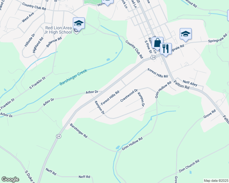 map of restaurants, bars, coffee shops, grocery stores, and more near 211 Forest Hills Road in Red Lion