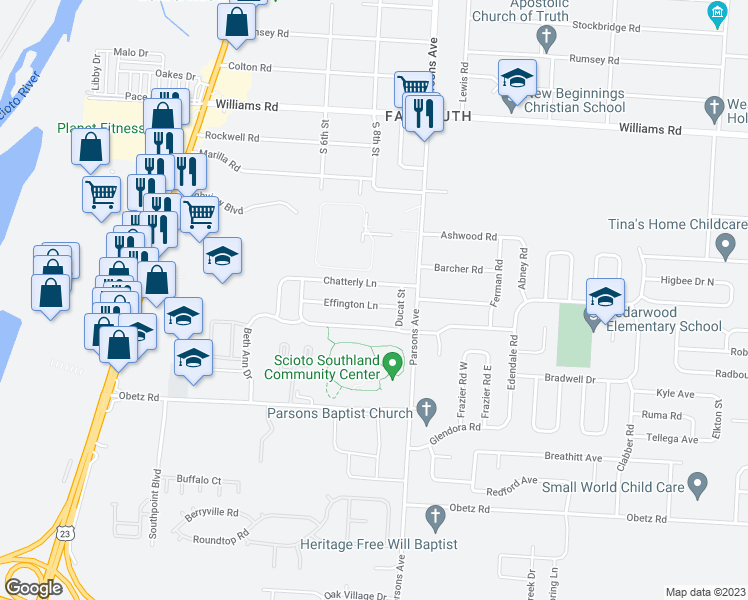 map of restaurants, bars, coffee shops, grocery stores, and more near 356 Effington Lane in Columbus