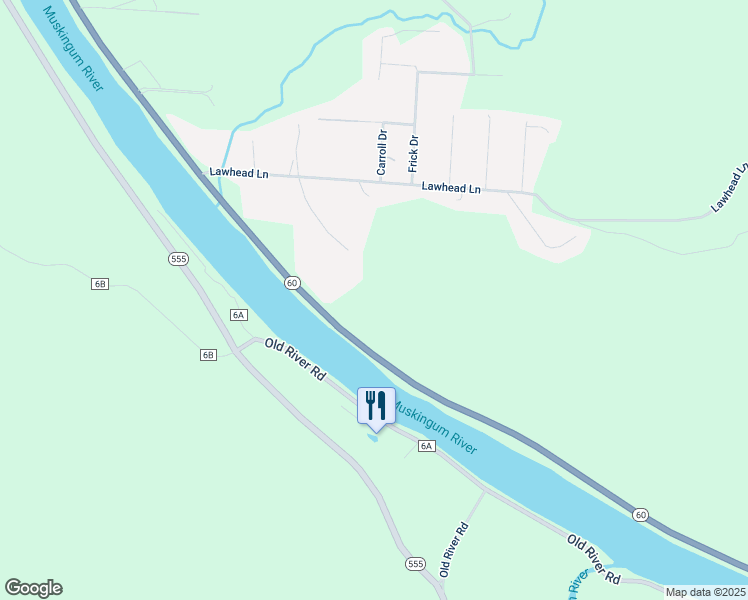map of restaurants, bars, coffee shops, grocery stores, and more near 3110 South River Road in Zanesville