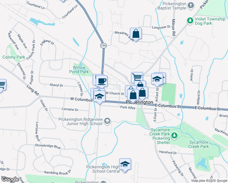 map of restaurants, bars, coffee shops, grocery stores, and more near 128 West Church Street in Pickerington
