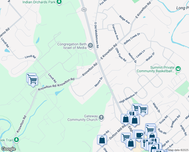 map of restaurants, bars, coffee shops, grocery stores, and more near 34 Knowlton Road in Media