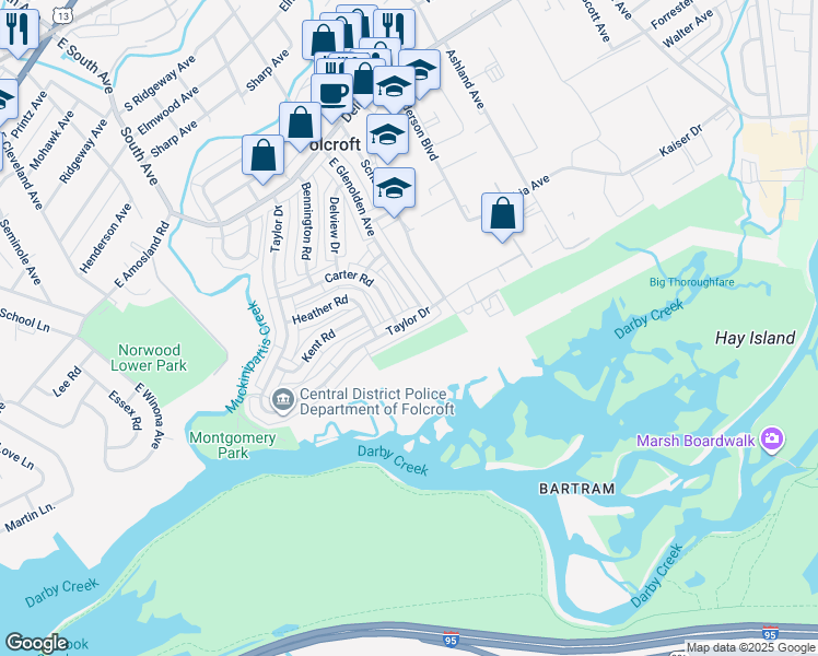 map of restaurants, bars, coffee shops, grocery stores, and more near 1158 Taylor Drive in Folcroft