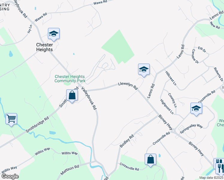map of restaurants, bars, coffee shops, grocery stores, and more near 279 Llewelyn Road in Chester Heights