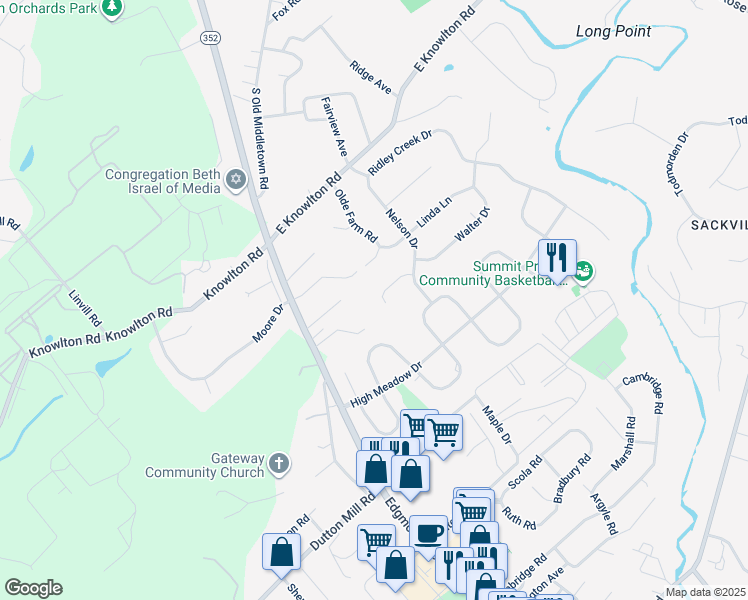 map of restaurants, bars, coffee shops, grocery stores, and more near 11 David Drive in Media