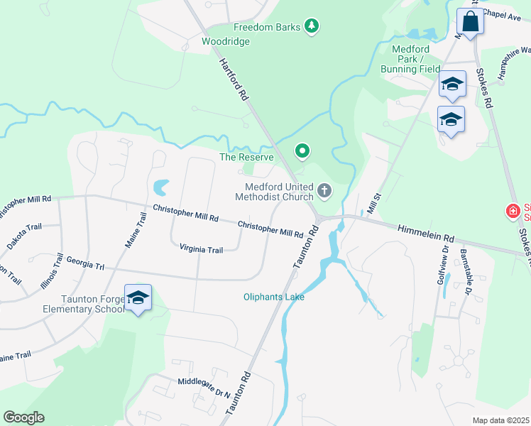 map of restaurants, bars, coffee shops, grocery stores, and more near 14 Georgia Trail in Medford