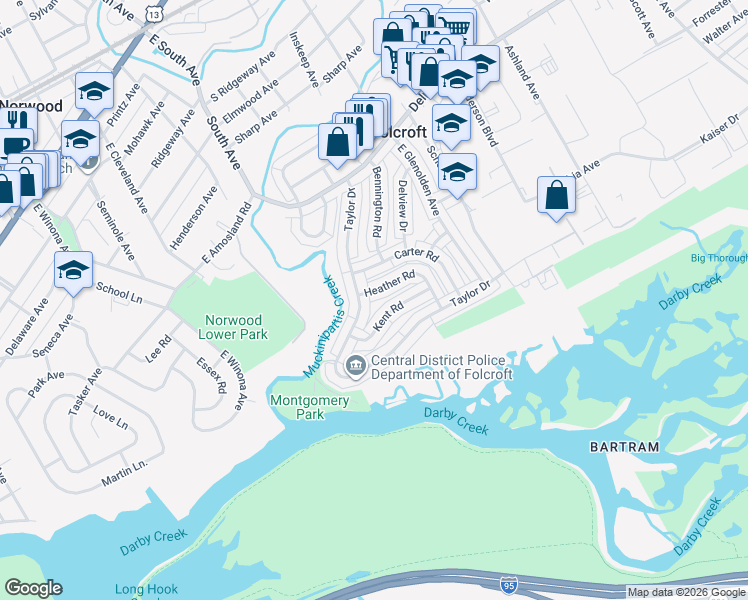 map of restaurants, bars, coffee shops, grocery stores, and more near 879 Taylor Drive in Folcroft