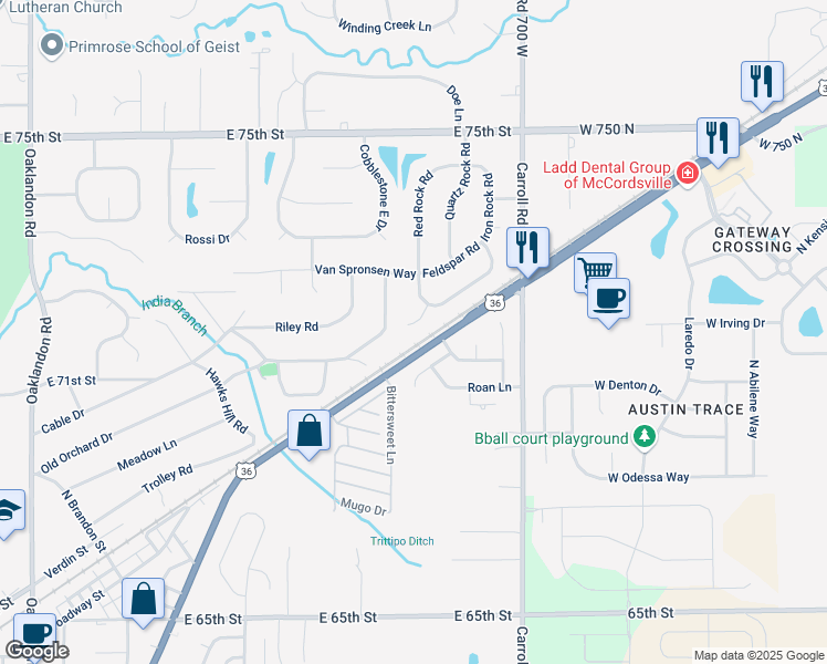 map of restaurants, bars, coffee shops, grocery stores, and more near 7209 Wet Rock Court in Indianapolis