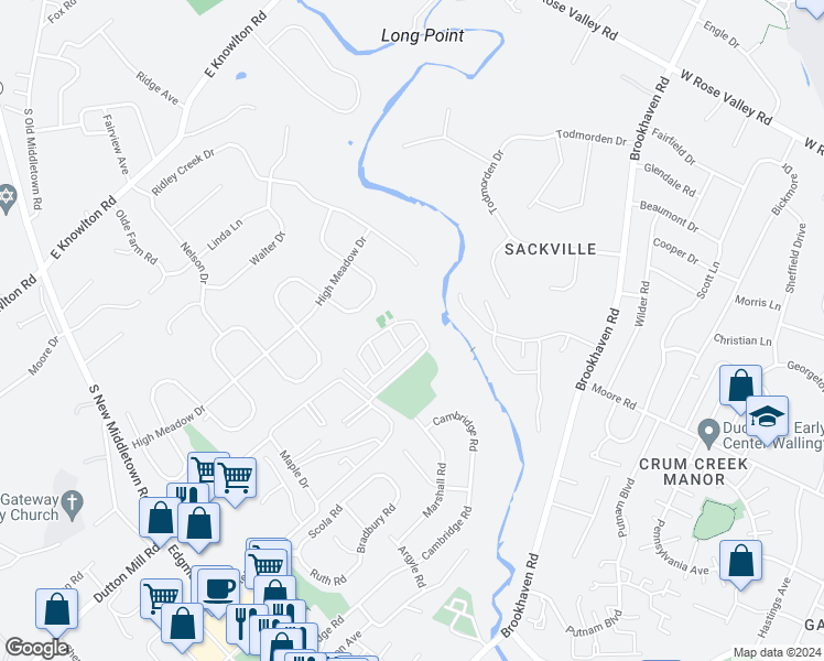 map of restaurants, bars, coffee shops, grocery stores, and more near 6508 Hilltop Drive in Brookhaven