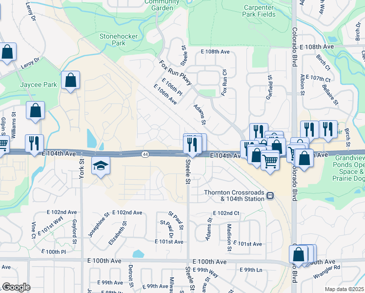 map of restaurants, bars, coffee shops, grocery stores, and more near in Thornton