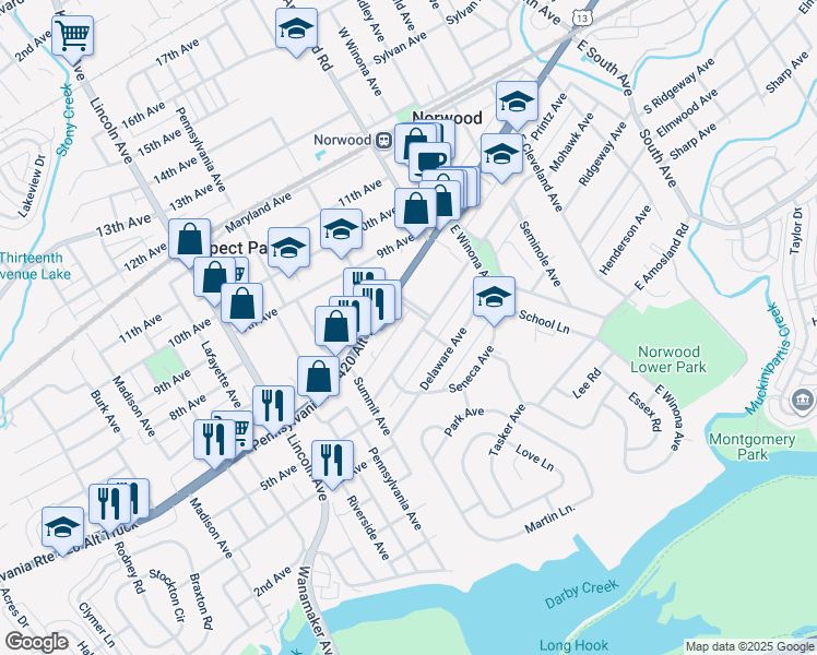 map of restaurants, bars, coffee shops, grocery stores, and more near 605 Mohawk Avenue in Norwood