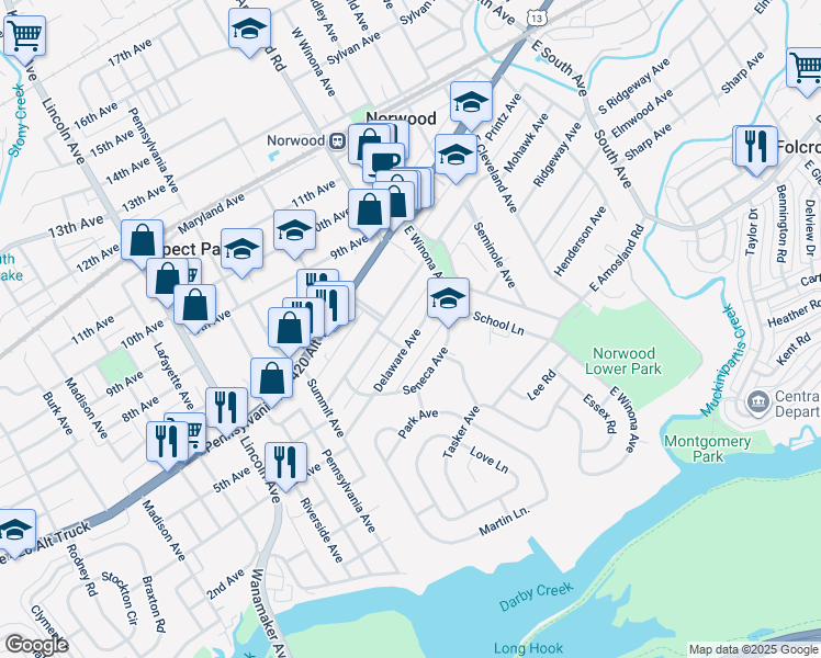 map of restaurants, bars, coffee shops, grocery stores, and more near 547 Delaware Avenue in Norwood